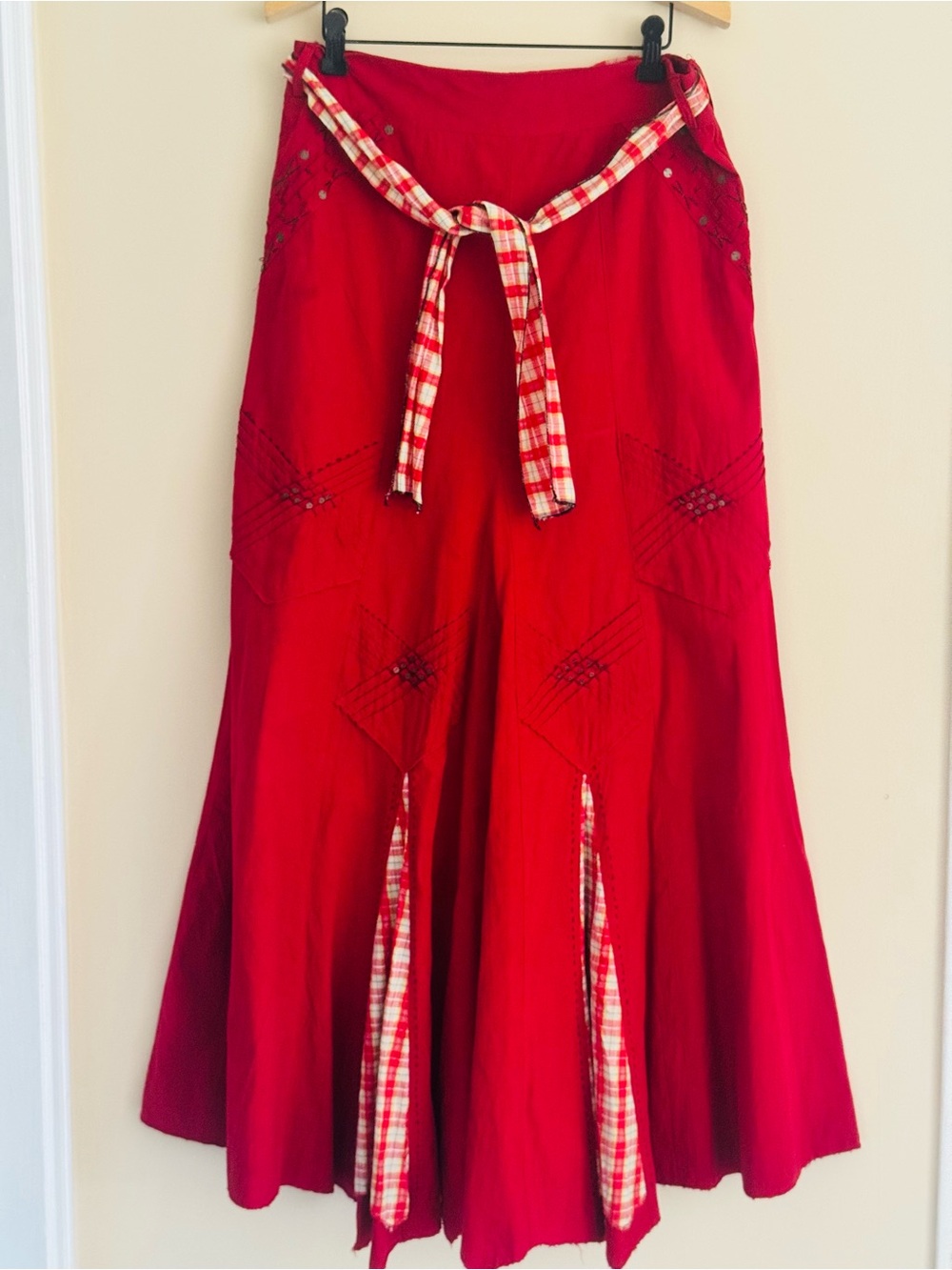 Red Women's Long Skirt with Plaid Tie